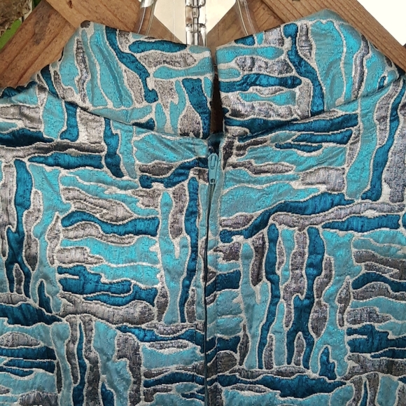 Vintage Custom Made Metallic Abstract Brocade Teal and Silver Print Party Dress - Picture 5 of 7